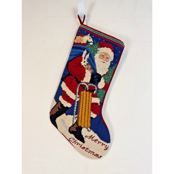 Unbranded Other - Vtg Christmas Stocking‎ Wool Needlepoint Old World Santa Animals Embroidered